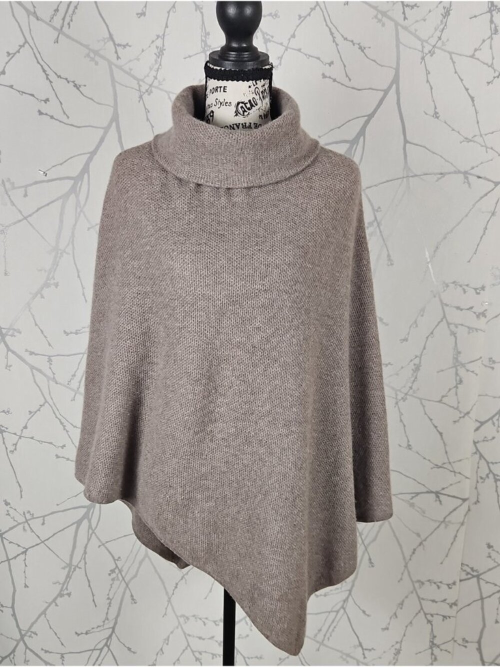 Ply Cashmere Beige Taupe 100% Cashmere Knit Cowl Neck Poncho